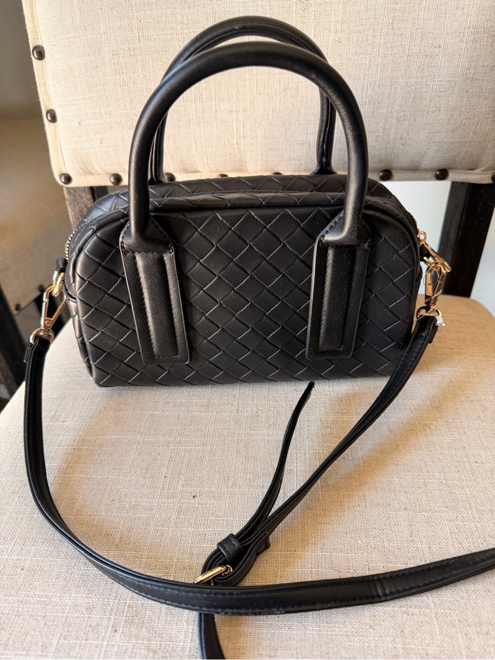 Black Woven Leather Crossbody Satchel - Unbranded